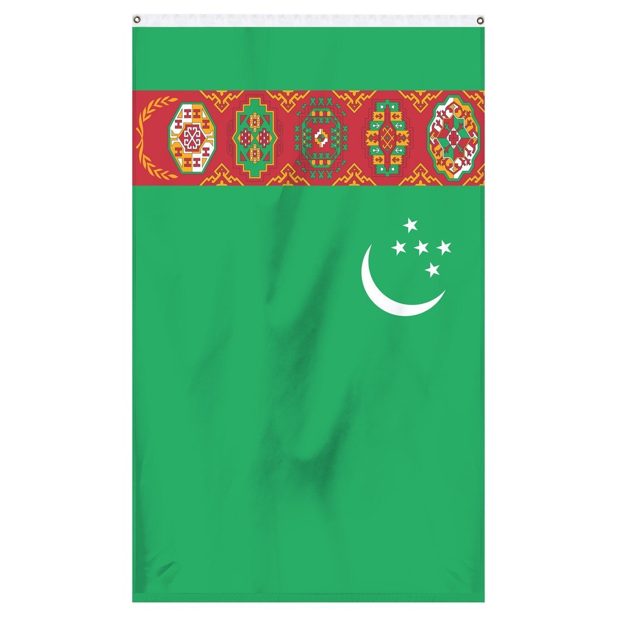 Turkmenistan National Flag for sale to buy online from Atlantic Flag and Pole. Green flag with a white crescent moon and 5 white stars with a patch or multicolored tribal images.