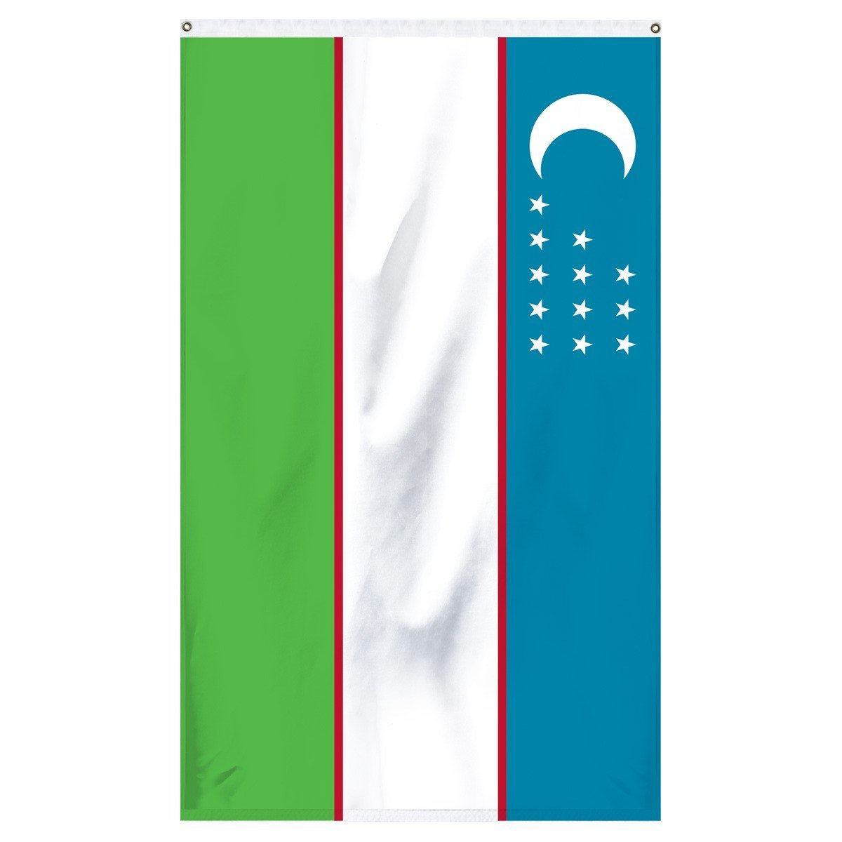 Uzbekistan National flag for sale to buy online from the American company Atlantic Flag and Pole. Blue, white, green and red stripped flag with a white crescent moon with 12 white stars.