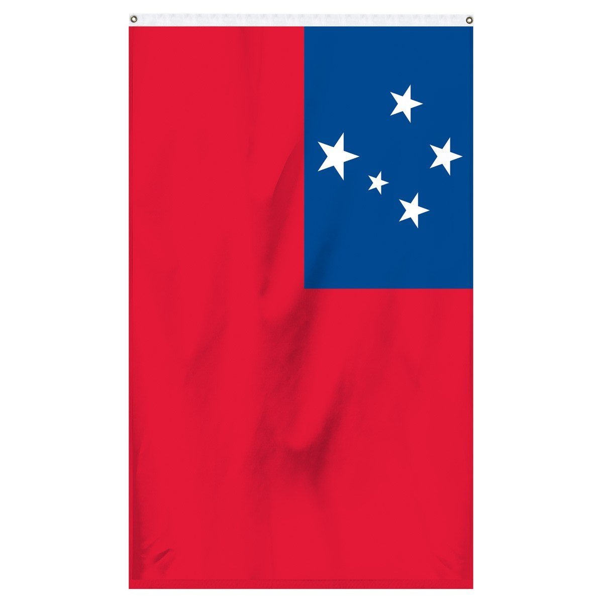 Western Samoa National flag for sale to buy online from Atlantic Flag and Pole, an American company. A red field with the blue rectangle on the upper hoist-side quadrant bearing the Southern Cross of four white larger five-pointed stars and the smaller star in the center.