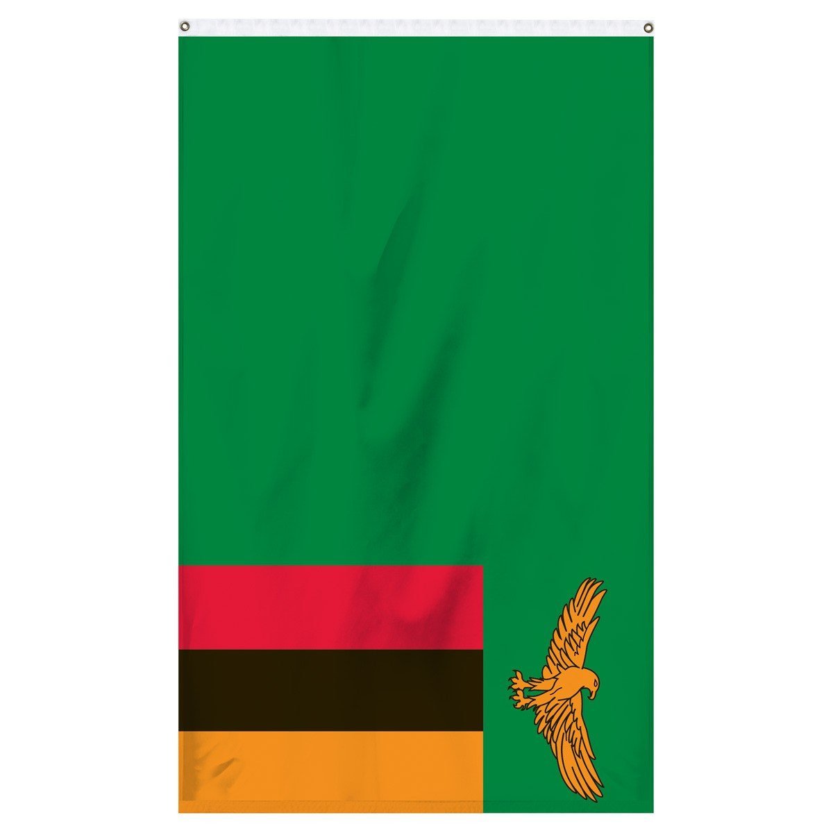 Zambia National flag for sale to buy online from Atlantic Flag and Pole, an American company. A green field with an orange coloured eagle in flight over a rectangular block of three vertical stripes colored from left to right in red, black and orange.